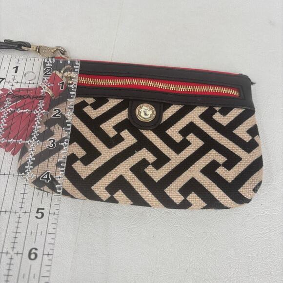 Spartina Wristlet Clutch with Tassel Beige Black Red Geometric Leather Linen Zip - Picture 12 of 12